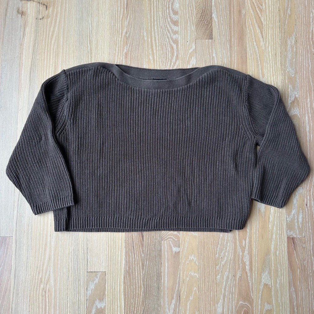 Quince Fisherman Boat Neck Ribbed Knit Sweater Organic Cotton Chocolate Brown XL